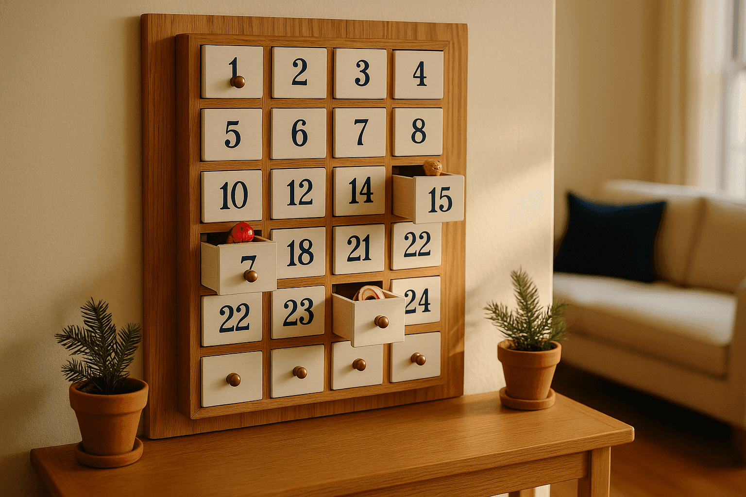 Handmade wooden advent calendar with 25 small numbered drawers arranged in cabinet filled with treats and surprises