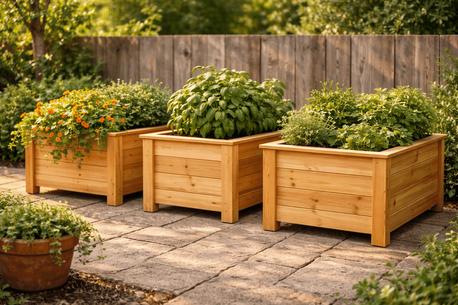 Freshly built natural cedar planter box filled with lush herbs and trailing flowers on a sunny backyard patio deck with warm wood tones
