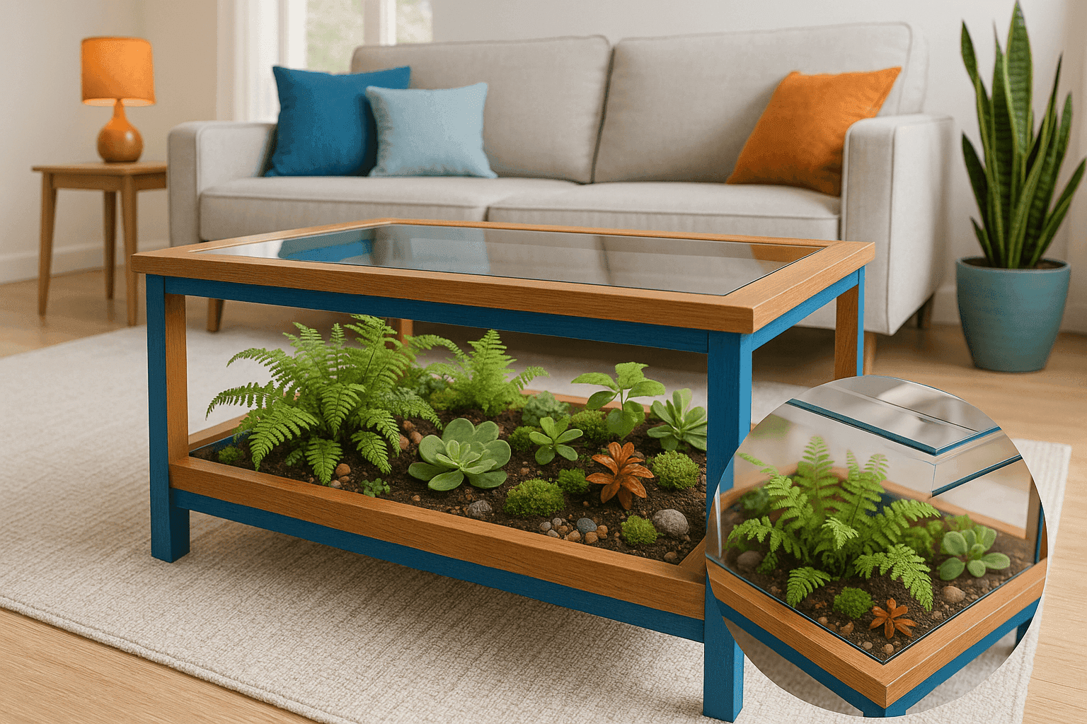 Stunning DIY terrarium coffee table with glass top showcasing lush green plants and modern wooden frame in bright living room setting