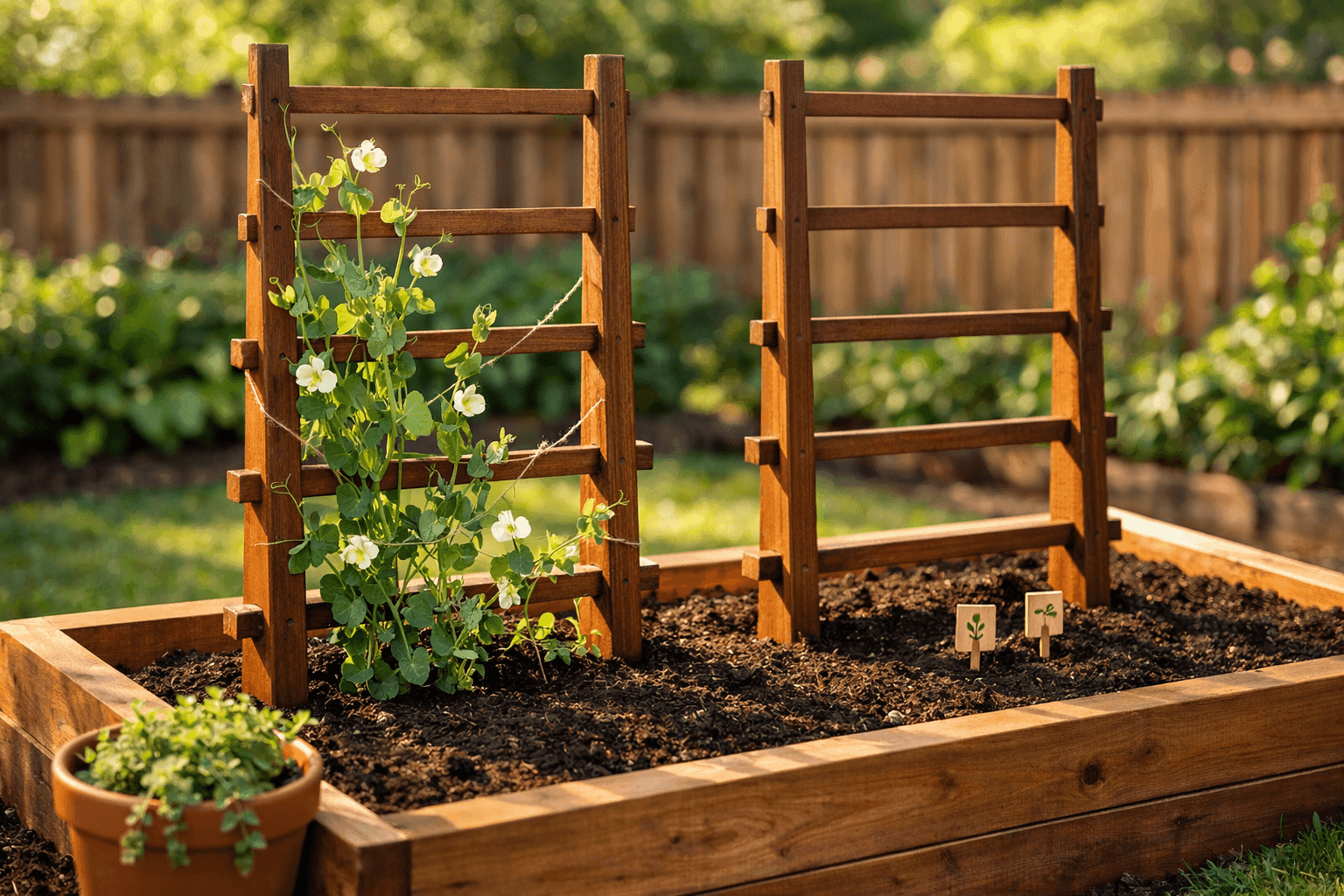 A simple handbuilt wooden ladder-style trellis stained in warm cedar tone standing in a raised garden bed, with pea plants beginning to climb the crosspieces in bright spring afternoon light