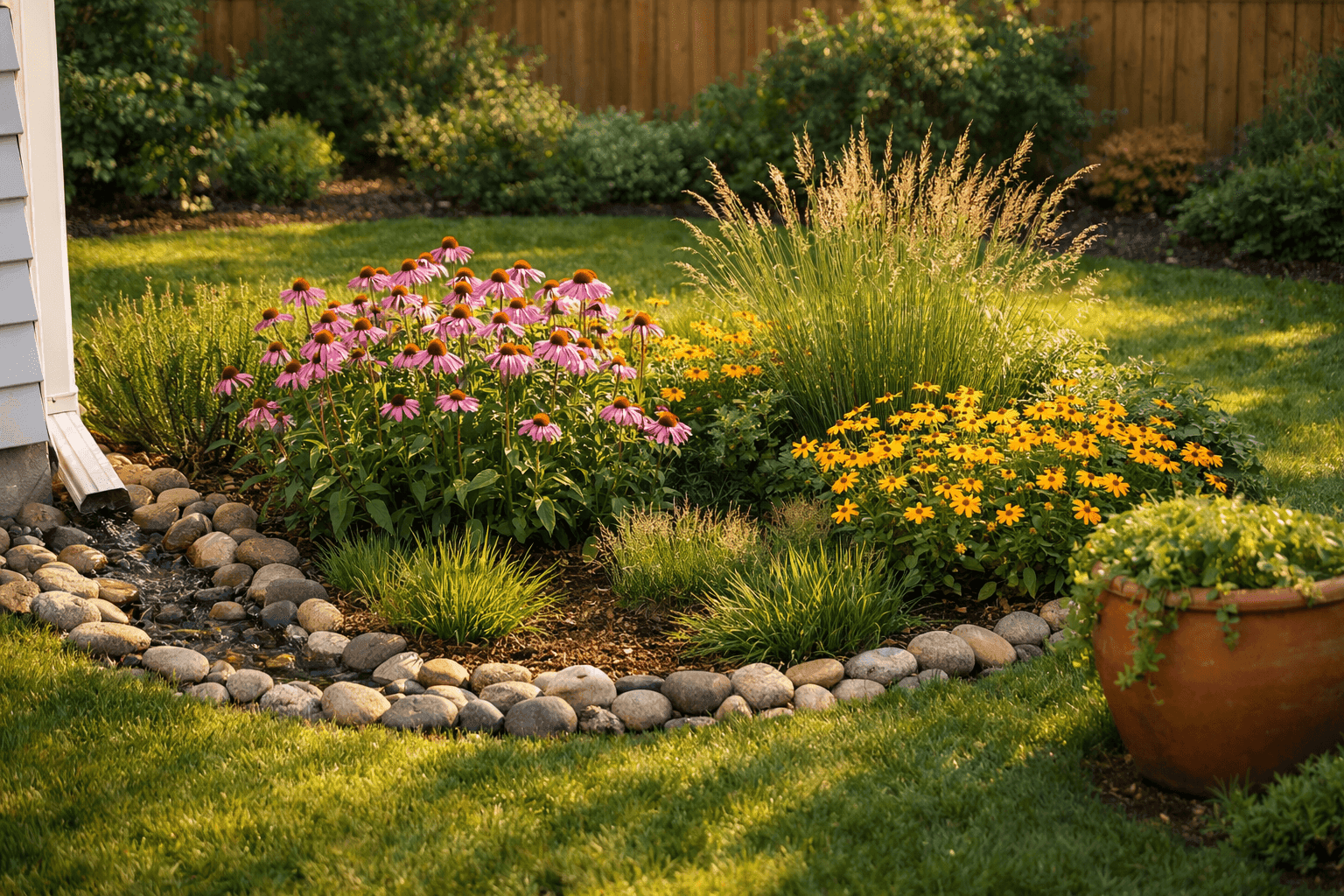 Lush established rain garden with coneflowers, switchgrass, and black-eyed Susans in a gently bowl-shaped garden bed beside a downspout in a beautiful backyard landscape