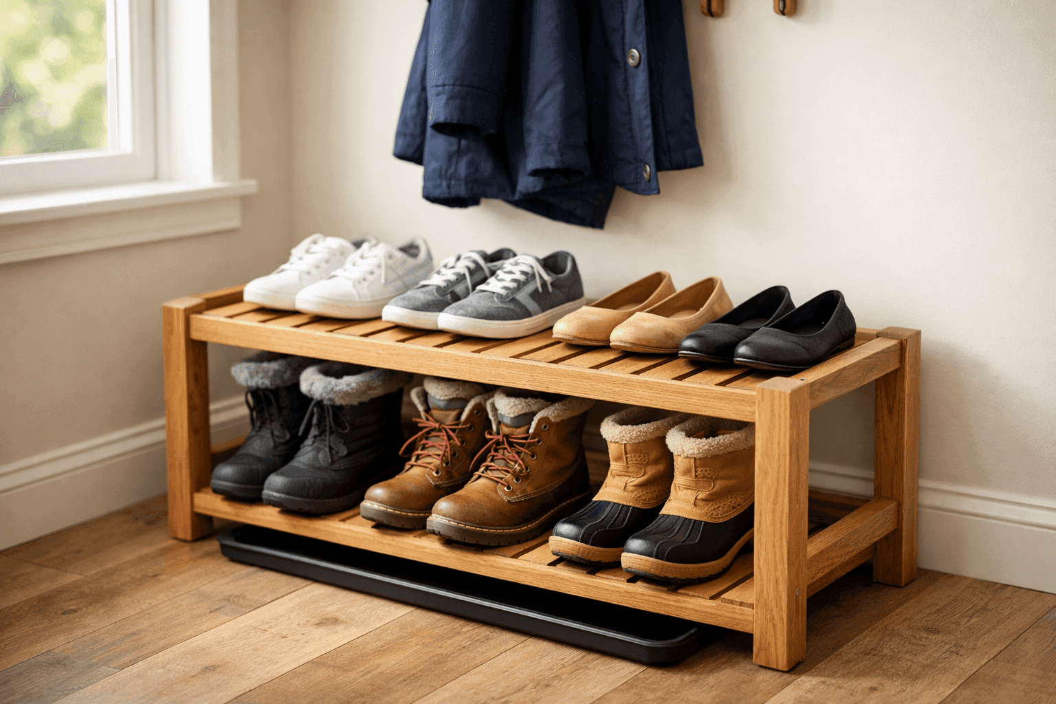 Simple wooden shoe rack in mudroom holding organized boots and shoes on slatted shelves