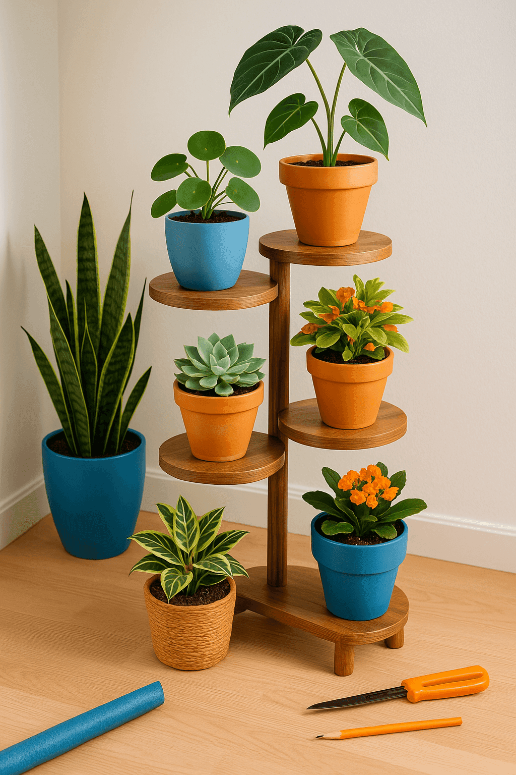 Beautiful wooden tiered plant stand with round shelves at different heights displaying multiple plants in bright corner setting