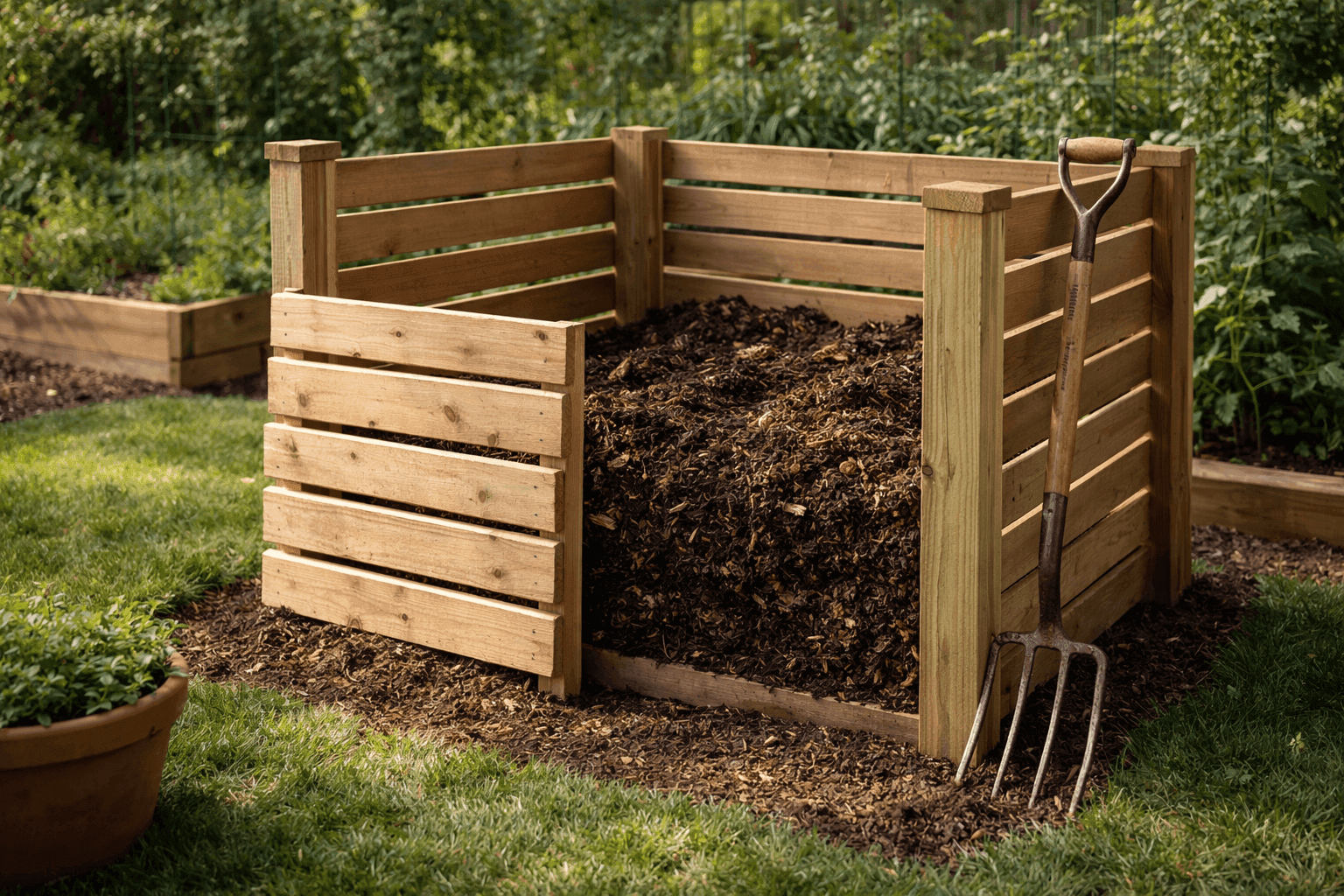 Handbuilt slatted wooden compost bin with removable front boards in a backyard garden corner with rich dark compost visible through the wood slat sides