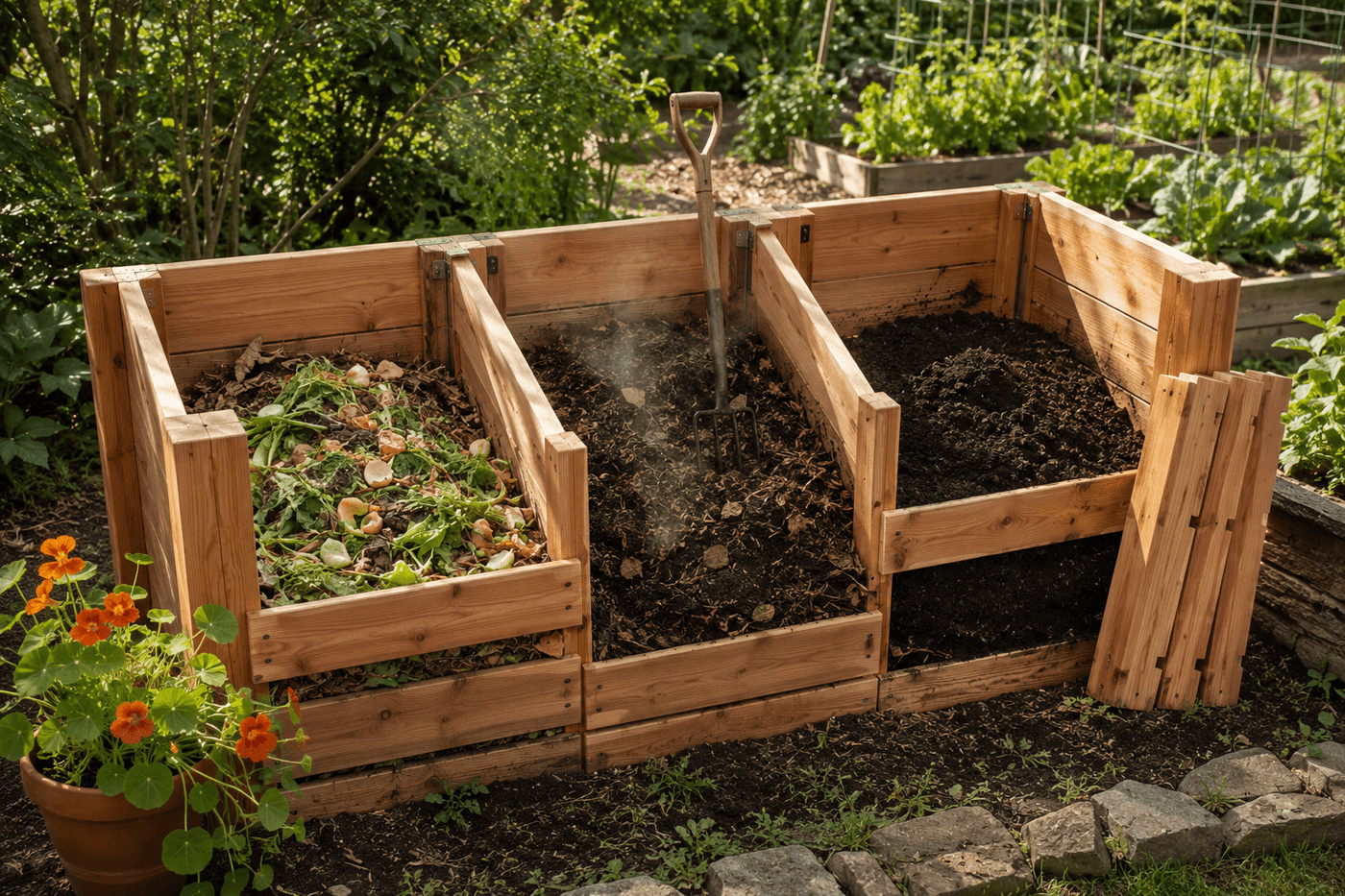 A handbuilt three-bin cedar compost system with removable front slats showing fresh material in the left bin, actively composting material in the center bin, and nearly finished dark compost in the right bin ready for the garden
