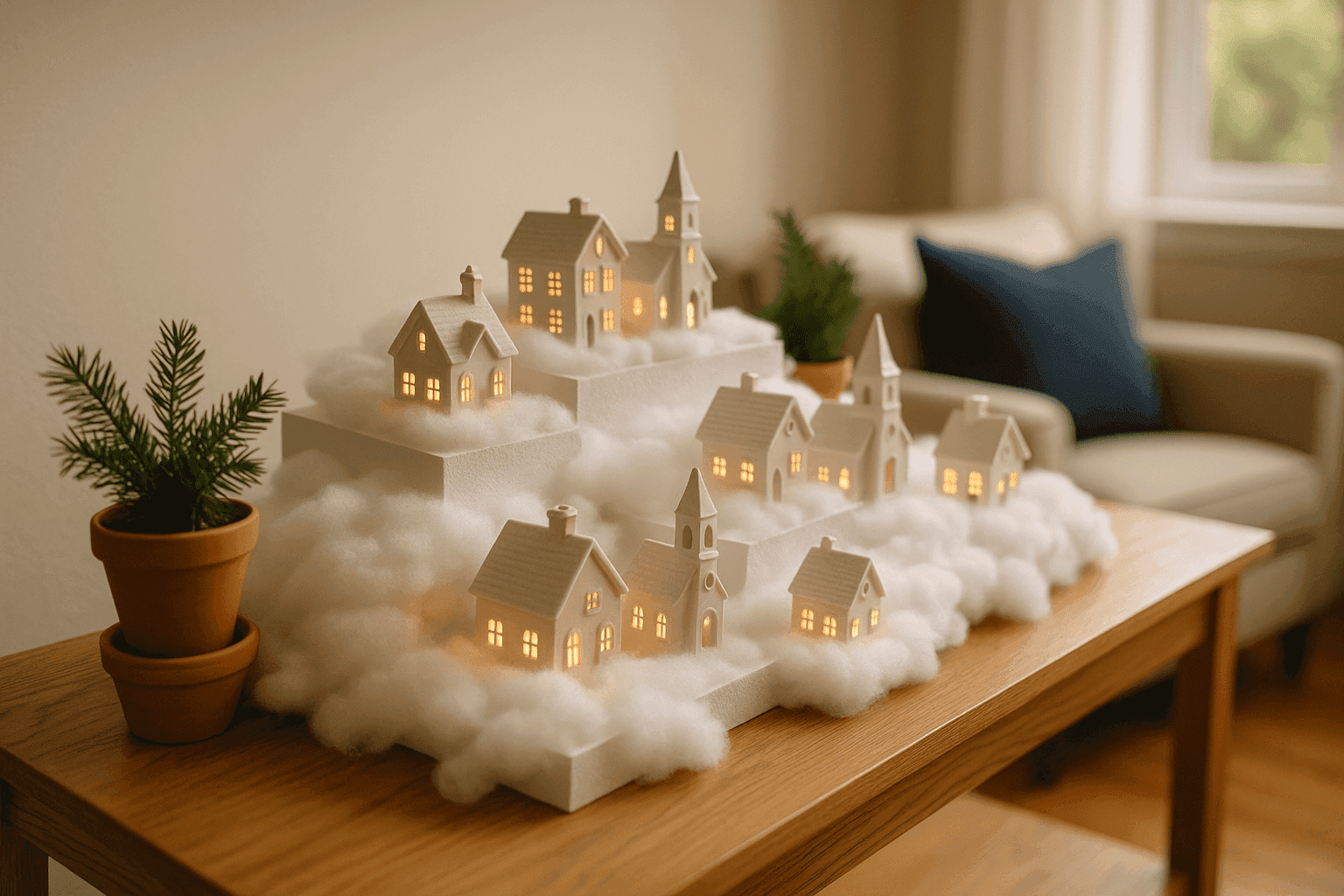 Multi-level winter village display with miniature houses on white foam board platforms covered in fluffy cotton batting snow