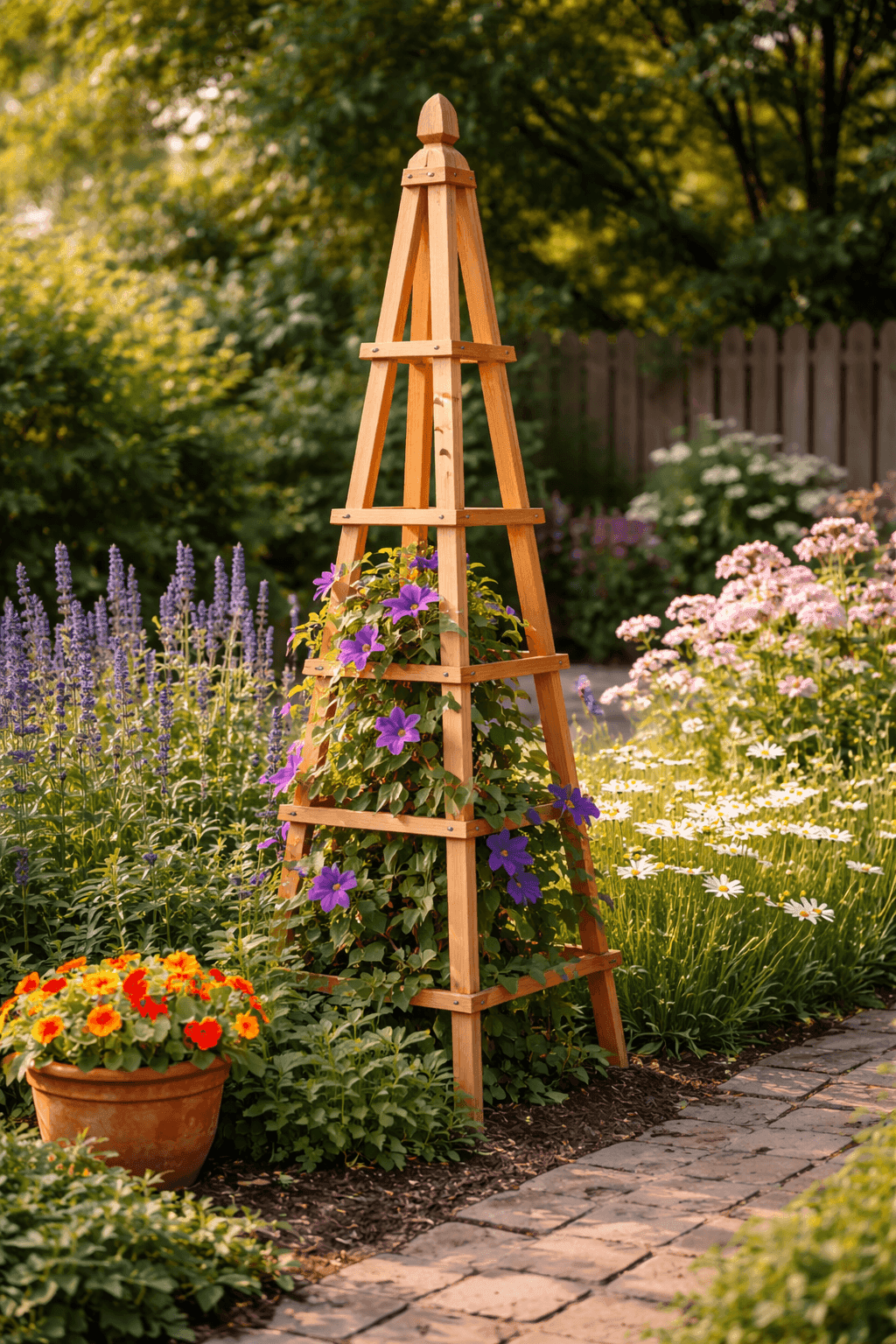 Handbuilt wooden garden obelisk with climbing clematis vines winding through its crosspieces standing in a lush cottage garden border