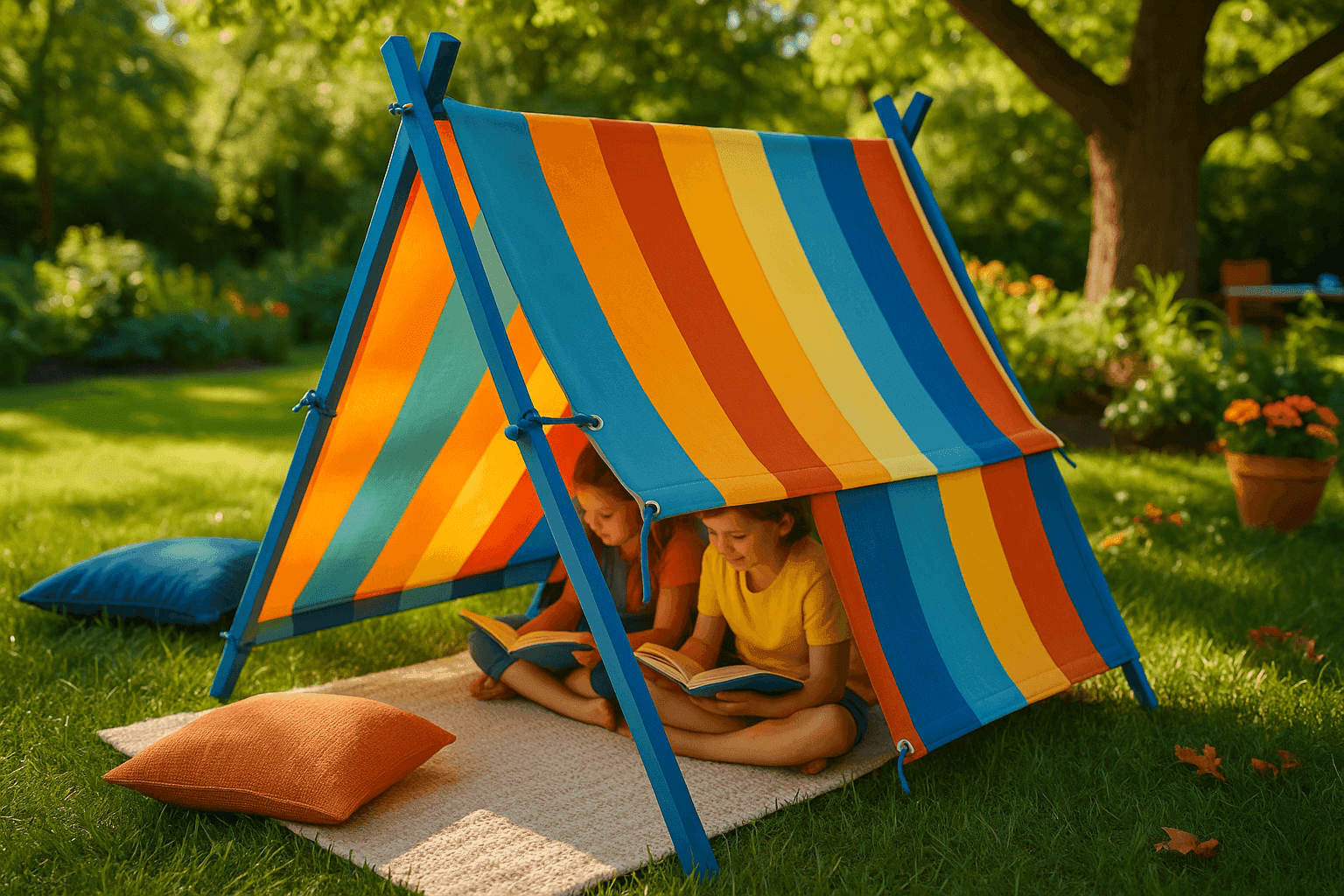 Colorful A-frame play tent with bright fabric cover set up in a sunny backyard with children reading inside