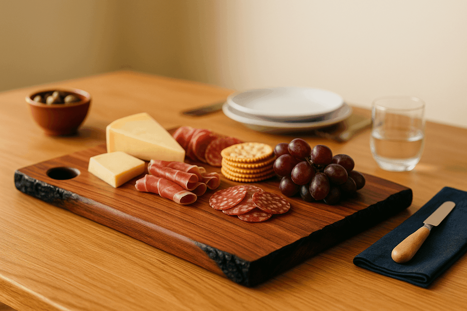 Handmade wooden serving board with dramatic charred edges displaying charcuterie creating artisan entertaining centerpiece