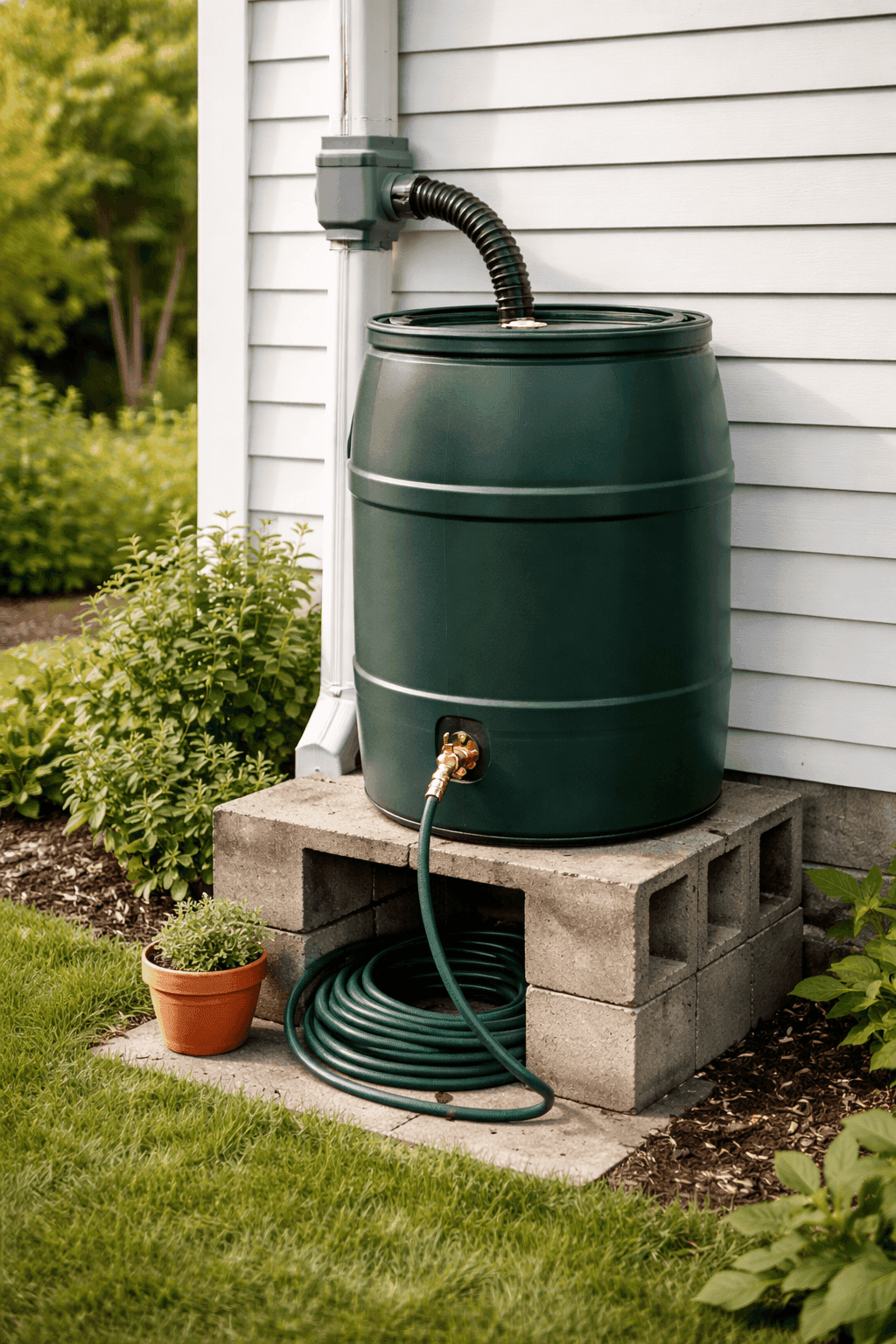 A dark green 55-gallon rain barrel mounted on a wooden platform beneath a residential downspout, connected with a diverter kit, with a garden hose attached to the spigot and green garden beds visible in the background