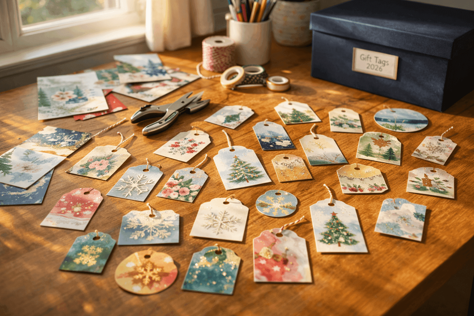 Handmade gift tags cut from holiday cards with decorative scissors and hole punch on crafting surface