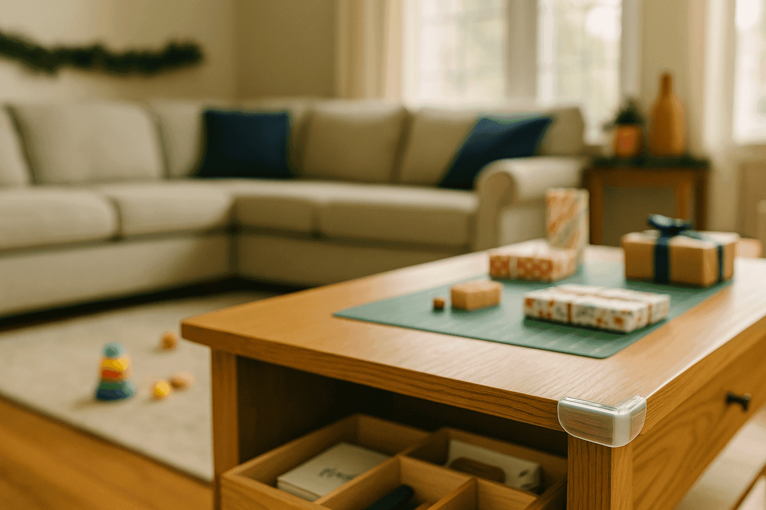 Clear corner guards installed on coffee table edge in family living room with holiday decorations and children's toys nearby