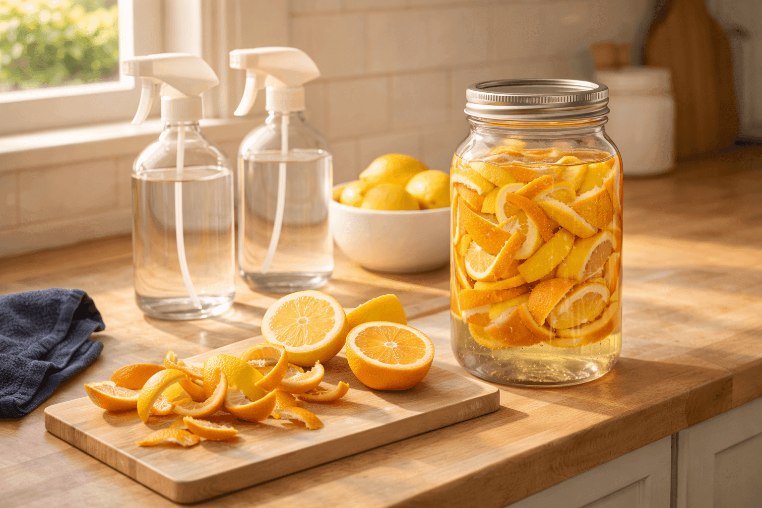 Glass jar with citrus peels infusing in vinegar next to spray bottle on kitchen counter