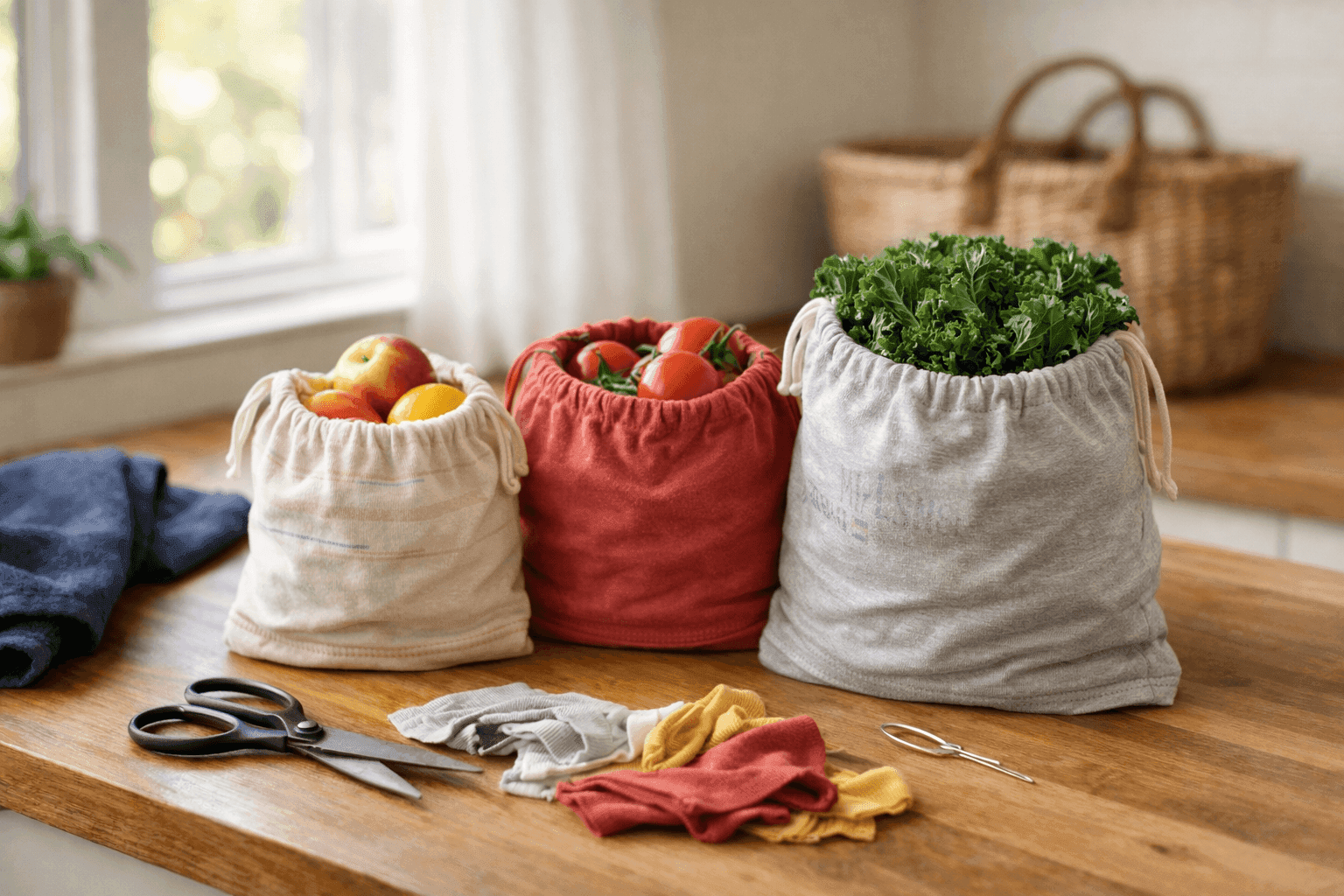 Handmade mesh produce bags made from upcycled t-shirts filled with fresh vegetables on kitchen counter