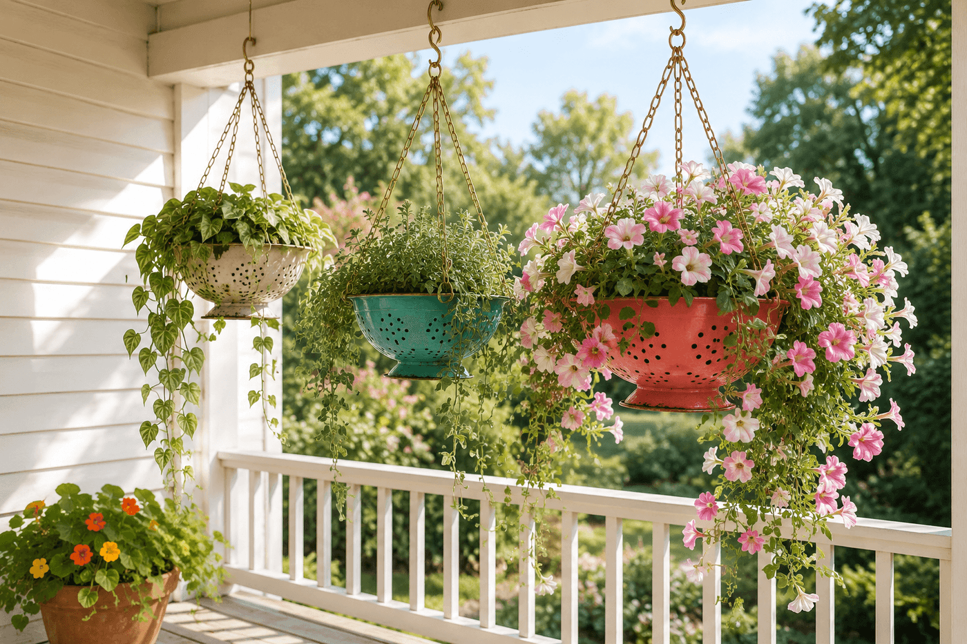 Three colander hanging planters in coral, turquoise, and metallic gold spray paint hanging at different heights on a sunny porch, overflowing with trailing petunias and cascading herbs