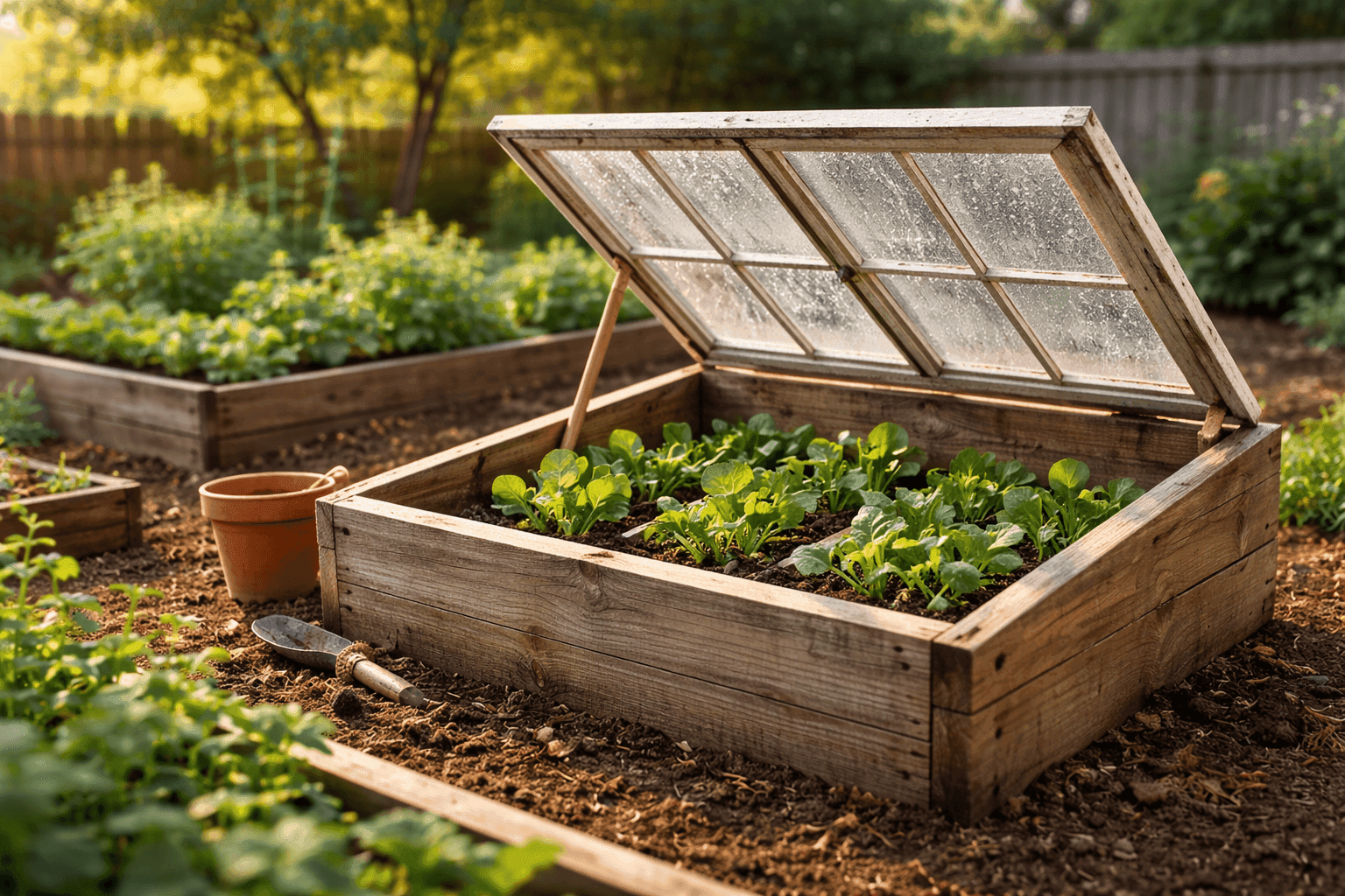 Wooden cold frame box with vintage window lid protecting young seedlings in backyard garden bed