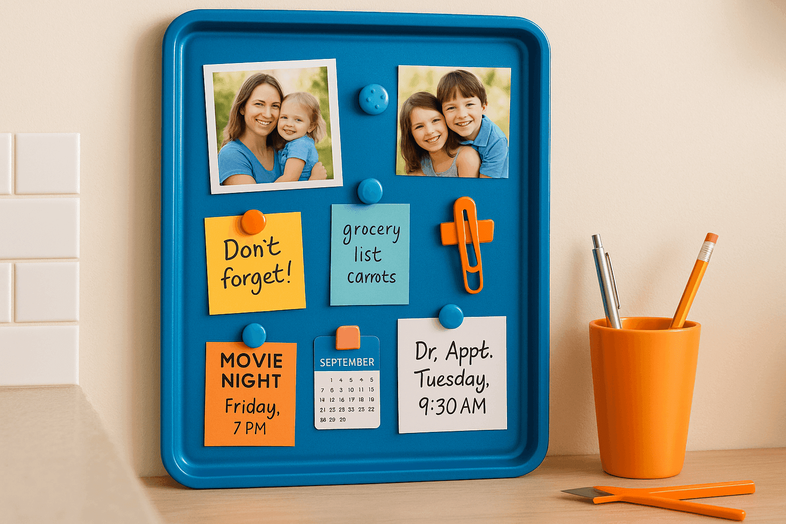 Stylish magnetic message board made from spray-painted cookie sheet with colorful magnets holding notes, photos, and schedules on wall