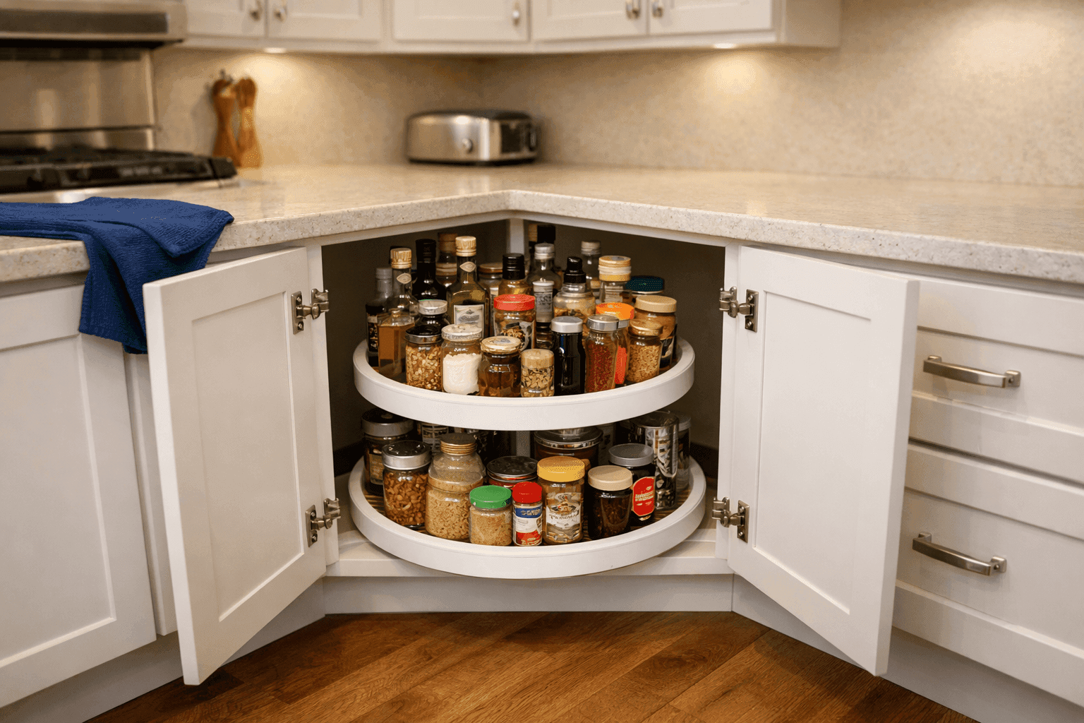 White lazy susan turntable installed in corner kitchen cabinet with organized spices and cooking supplies rotating smoothly