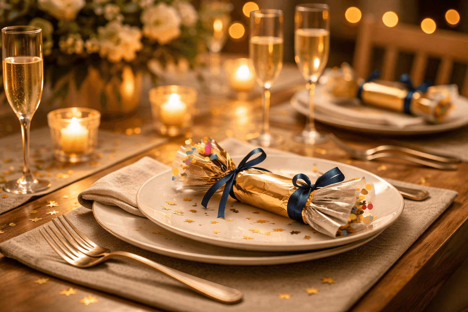 Colorful handmade confetti poppers wrapped in decorative paper arranged on festive table setting