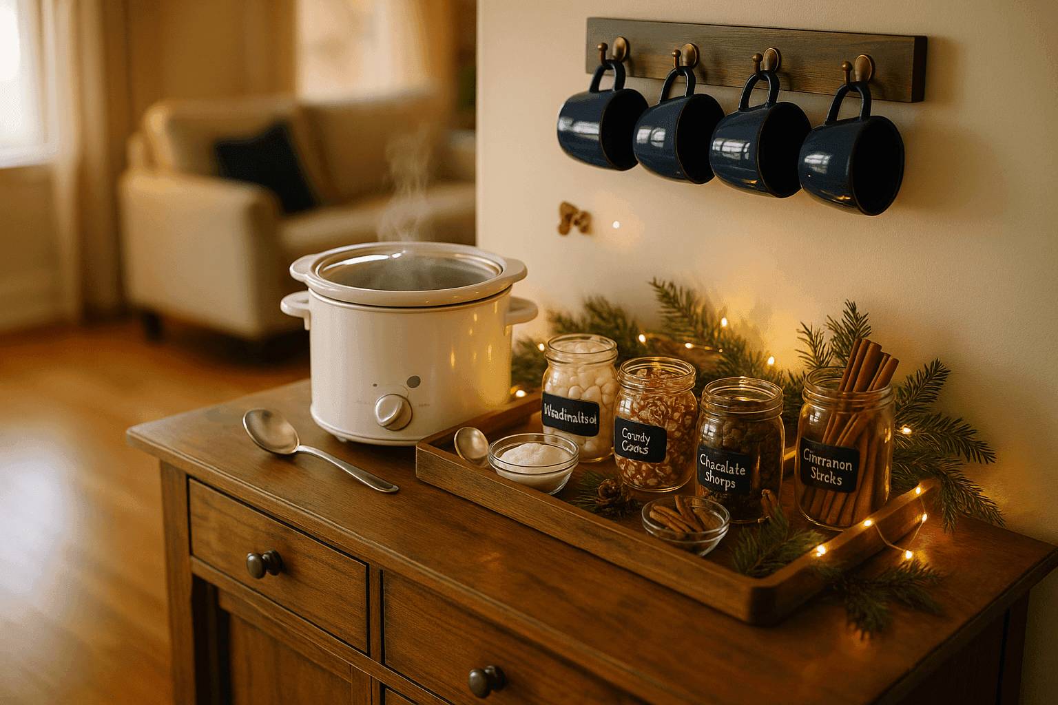 Beautifully styled hot chocolate bar station with slow cooker mugs and assorted toppings displayed on rustic wooden table