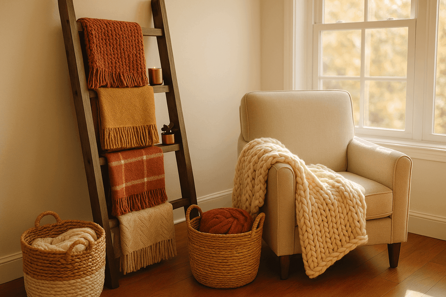 Rustic wooden ladder shelf displaying folded throw blankets in woven baskets with cozy living room setting