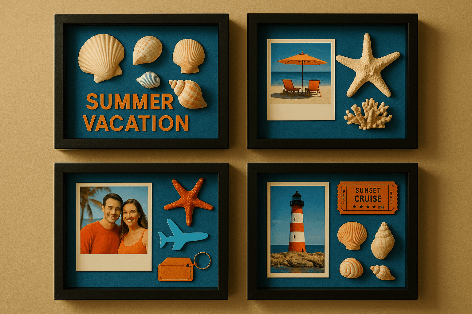 Elegant shadow boxes displaying summer vacation memories with beach treasures, photos, and souvenirs arranged in artistic compositions on wall