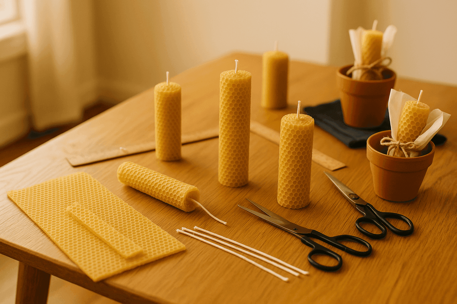 Handmade rolled beeswax candles with natural honeycomb texture creating elegant natural gifts