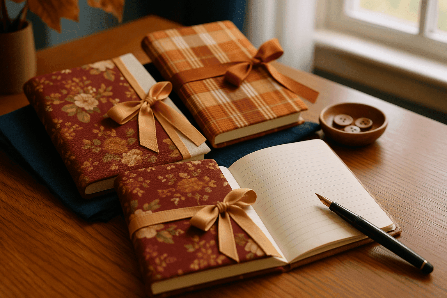 Beautiful handmade fabric-wrapped gratitude journals in fall colors with decorative ribbons creating personalized thanksgiving reflection notebooks