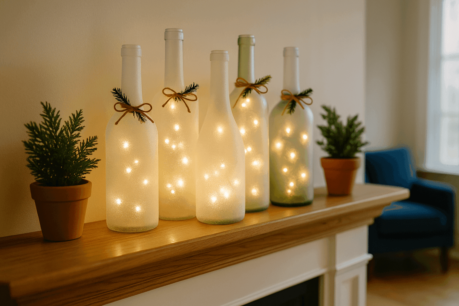 Frosted wine bottle luminaries with fairy lights inside creating elegant winter glow on mantel display