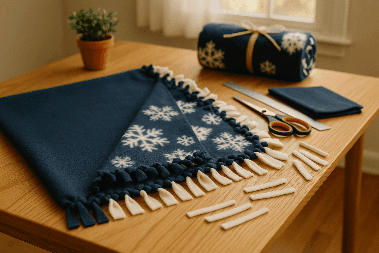 Handmade no-sew fleece blanket with tied fringe edges creating cozy gift in coordinating patterns