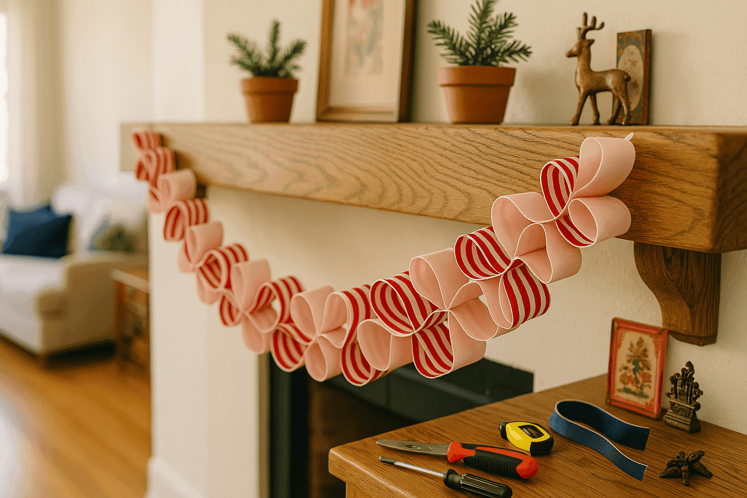 Handmade ribbon candy garland with colorful looped wired ribbon creating vintage candy shapes draped across mantel