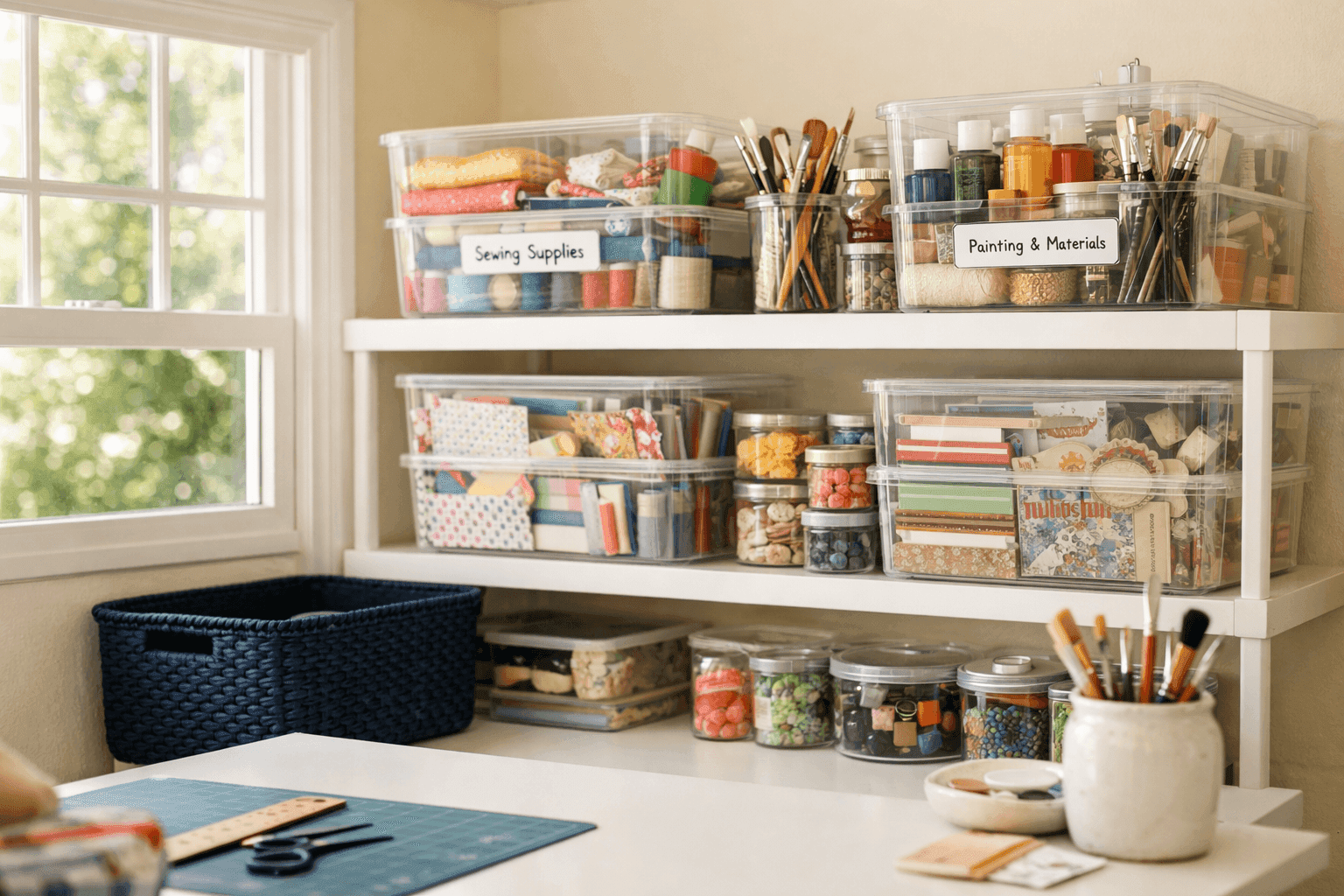 Organized craft room with labeled bins sorting supplies by project type on clean shelves