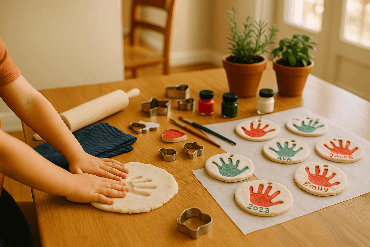 Handmade salt dough ornaments with child handprints and painted details creating treasured family keepsakes