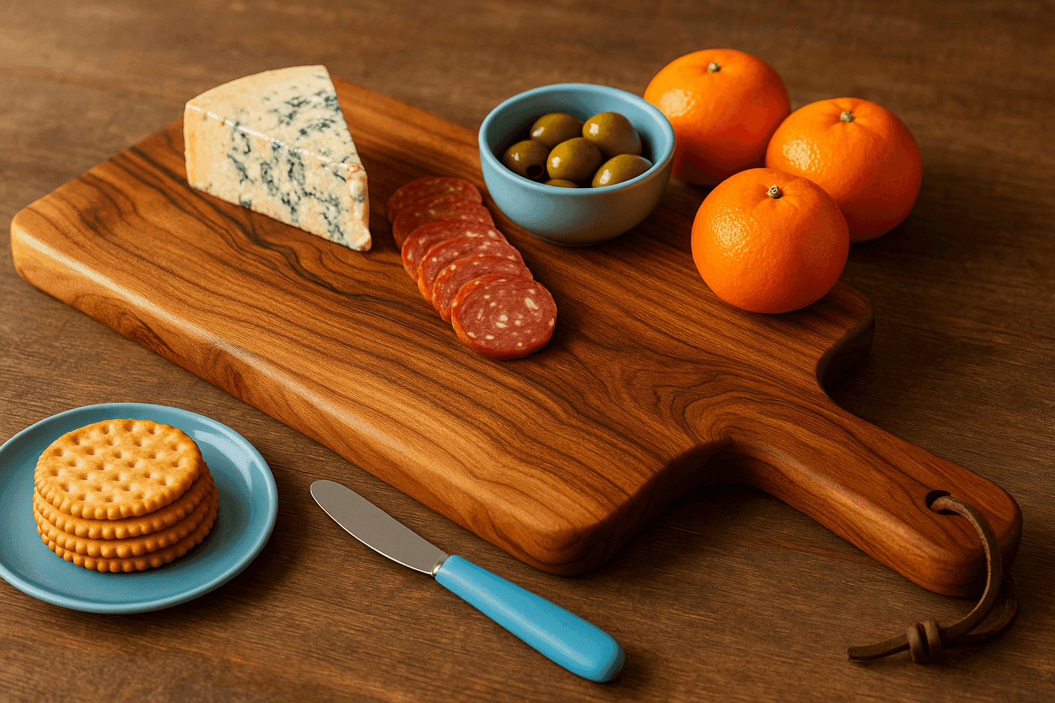 Beautiful handcrafted live-edge wooden serving board with natural grain patterns, routed handle, and elegant charcuterie arrangement in rustic kitchen setting
