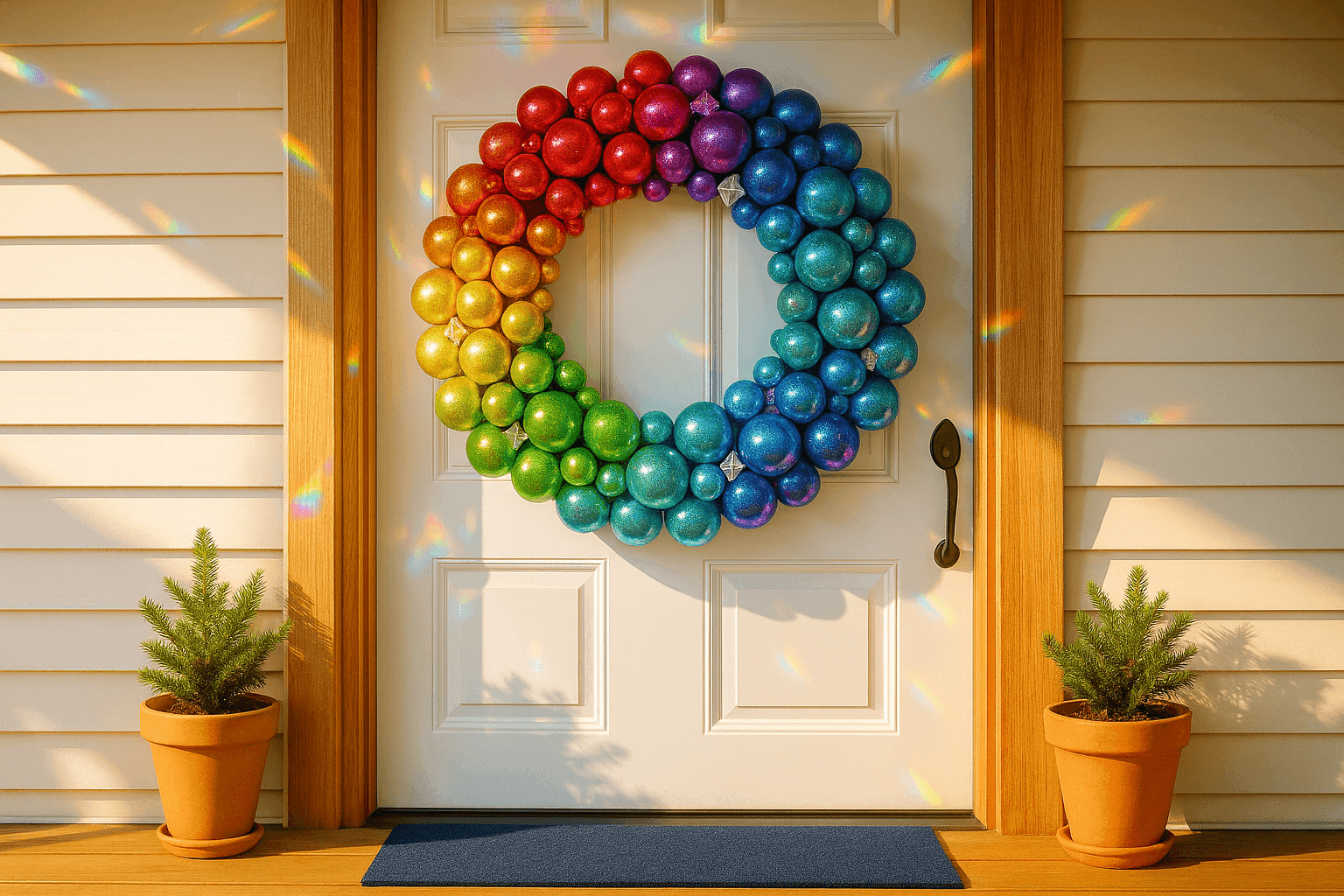 Show-stopping rainbow wreath made from iridescent holographic ornaments in graduating colors creating prism effects on front door