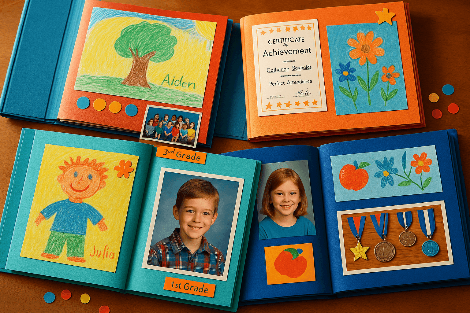 Beautiful handmade school memory scrapbook with photos, artwork, and achievements artfully arranged on colorful pages with decorative elements