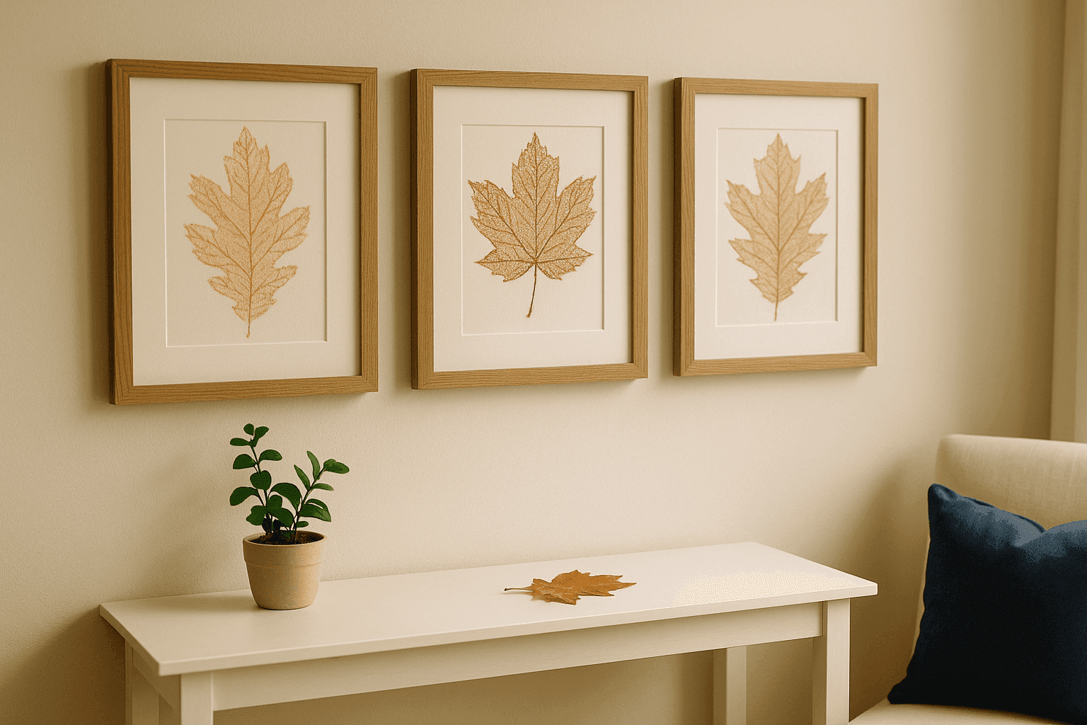 Beautiful framed leaf rubbing artwork showing intricate vein patterns in autumn colors created with crayons and paper displayed on a gallery wall