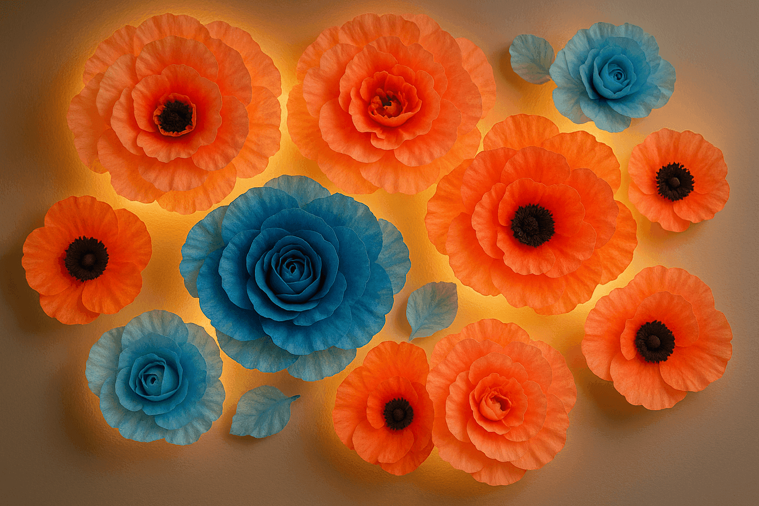 Stunning dimensional flower wall art made from dyed coffee filters creating roses, peonies, and poppies with dramatic 3D effect