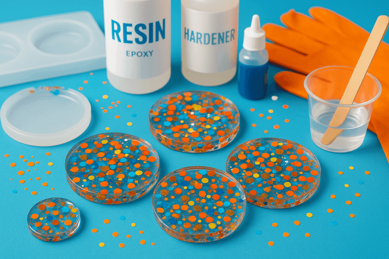 Colorful confetti resin coasters with suspended glitter and confetti in clear resin creating festive party-ready tableware