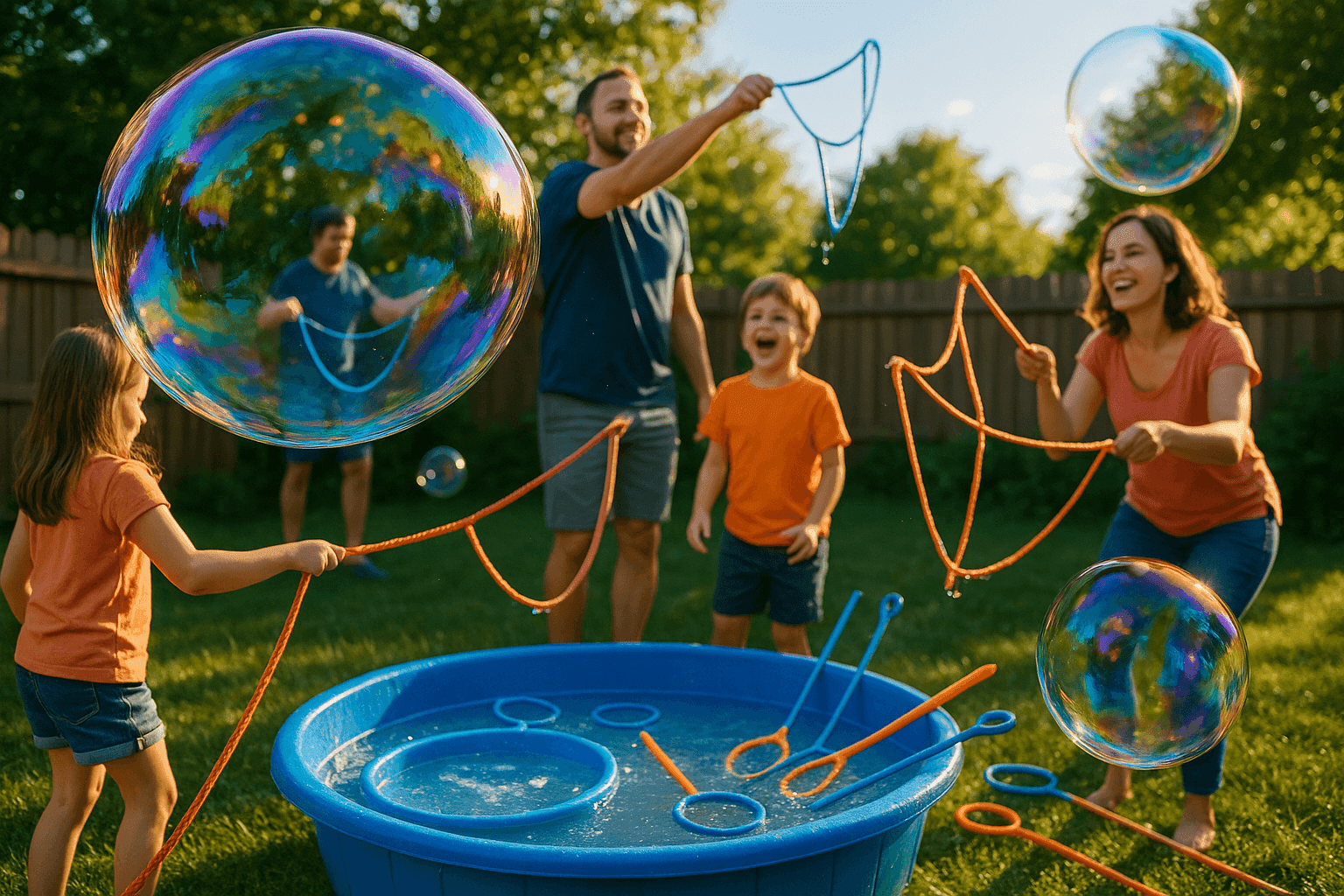 Magical bubble station with giant bubbles floating in summer sunlight, kids playing with oversized bubble wands and kiddie pool setup
