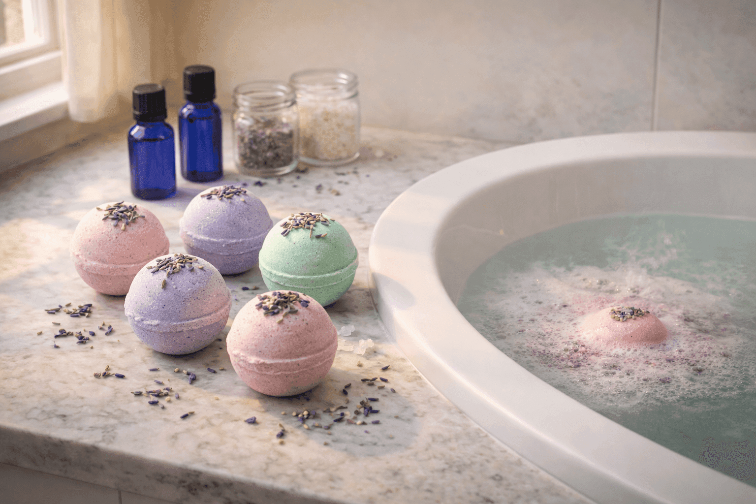 Colorful handmade bath bombs with dried flowers arranged on bathroom counter with essential oil bottles nearby