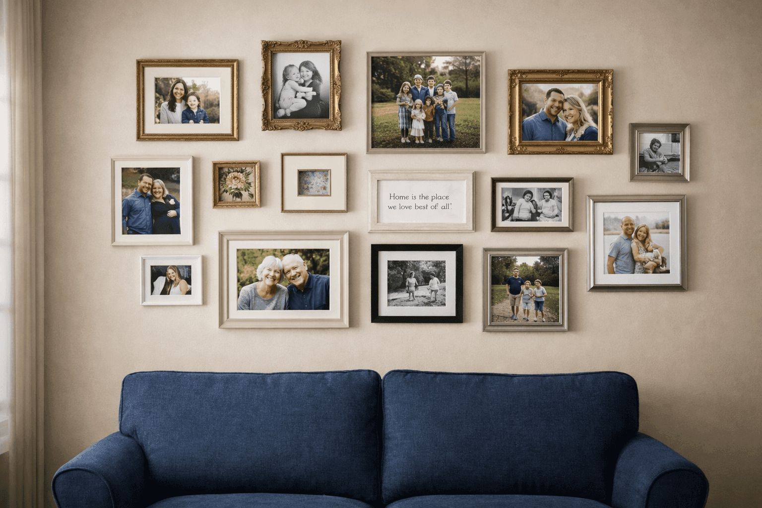 Eclectic gallery wall with mismatched frames in various sizes and styles displaying family photos in living room
