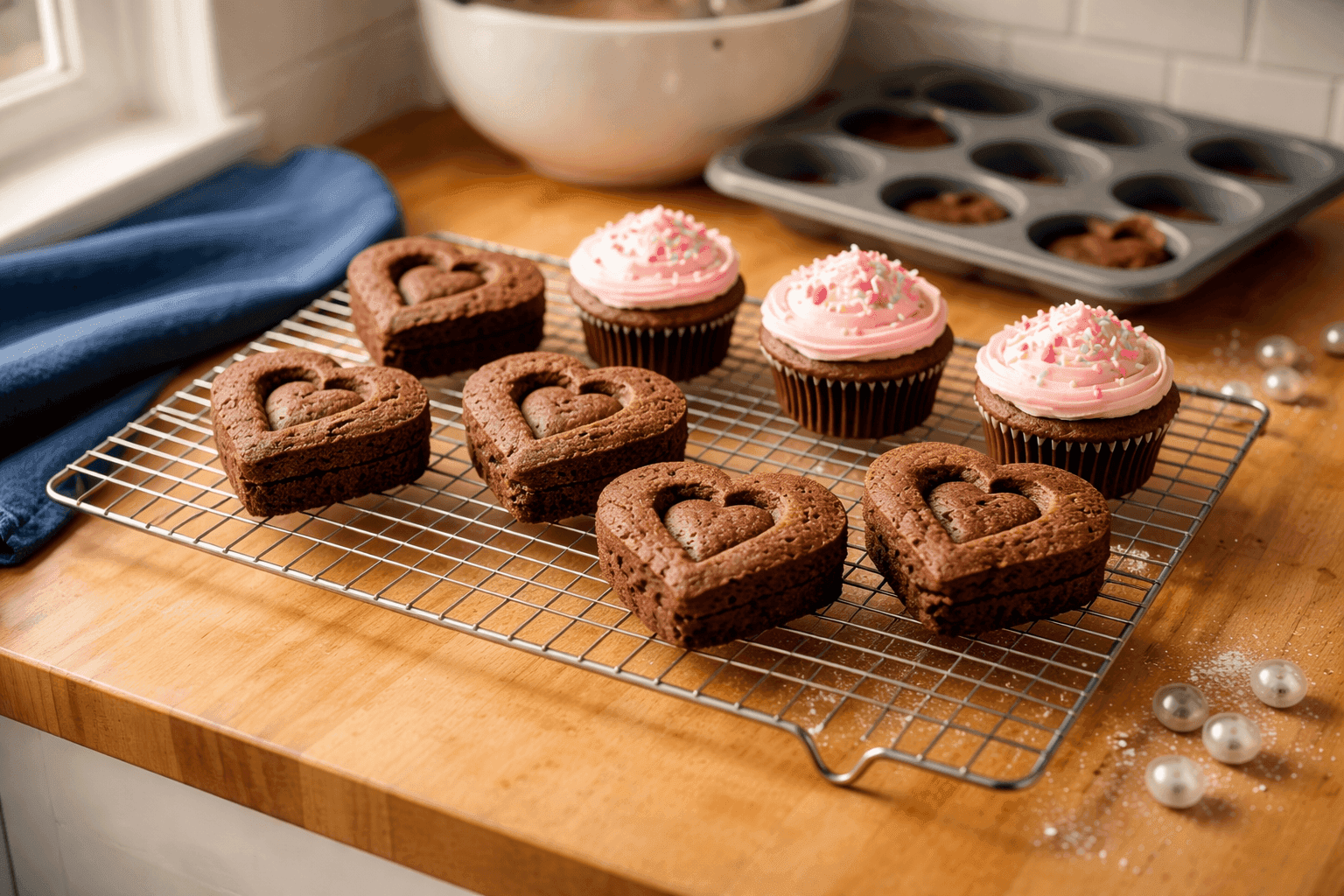 Heart-shaped brownies and cupcakes made in standard muffin tin with marble trick on cooling rack