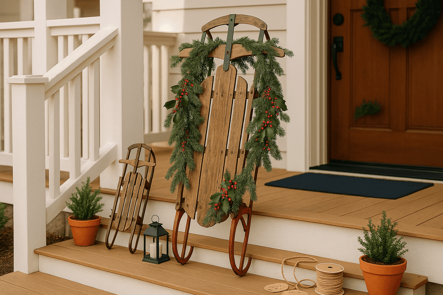 Vintage wooden sled leaning against porch railing decorated with fresh evergreen boughs creating nostalgic winter entryway display