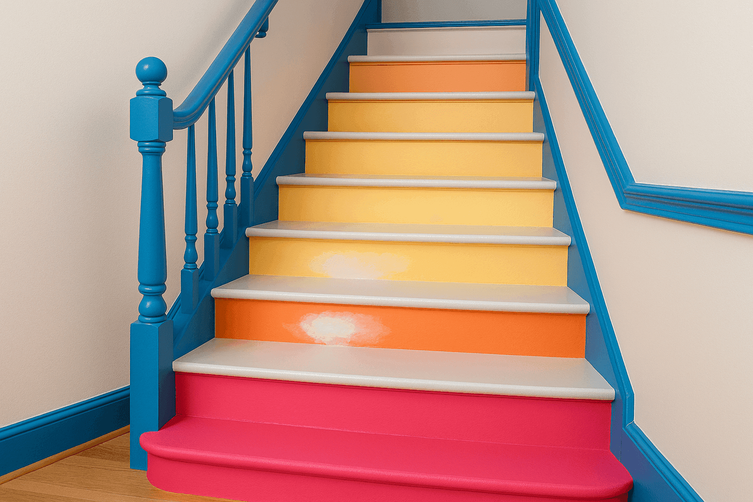 Stunning rainbow ombré stair risers painted in gradient from hot pink to orange creating dramatic colorful staircase transformation