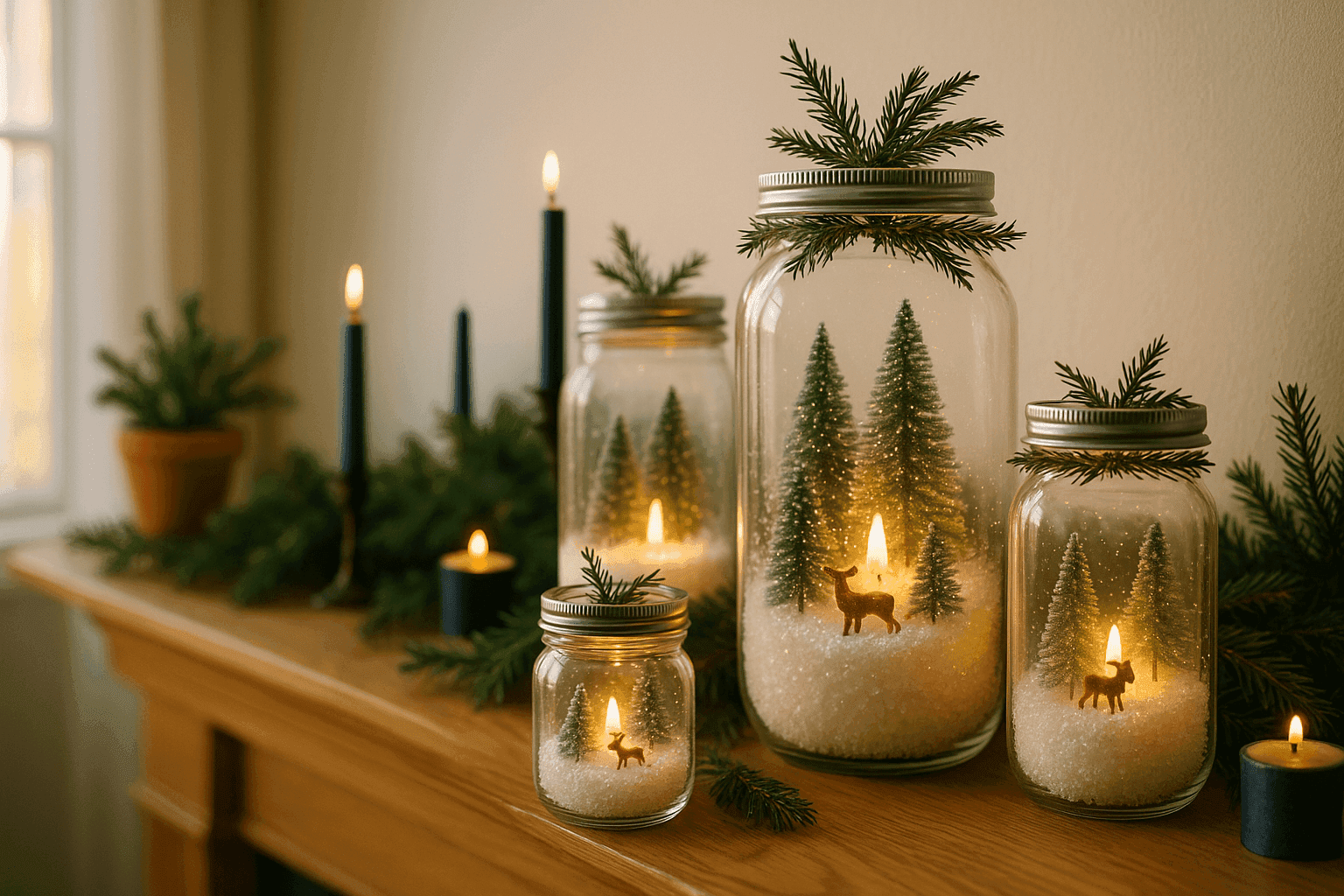 Mason jar snow globe candle holders with miniature winter scenes sitting in sparkling Epsom salt snow with tea lights glowing