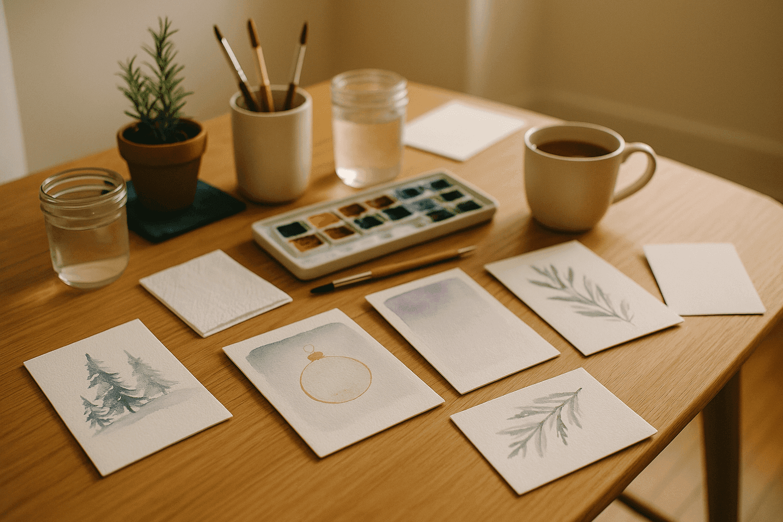 Peaceful workspace with watercolor holiday cards featuring gentle winter trees and abstract designs creating meditative crafting experience