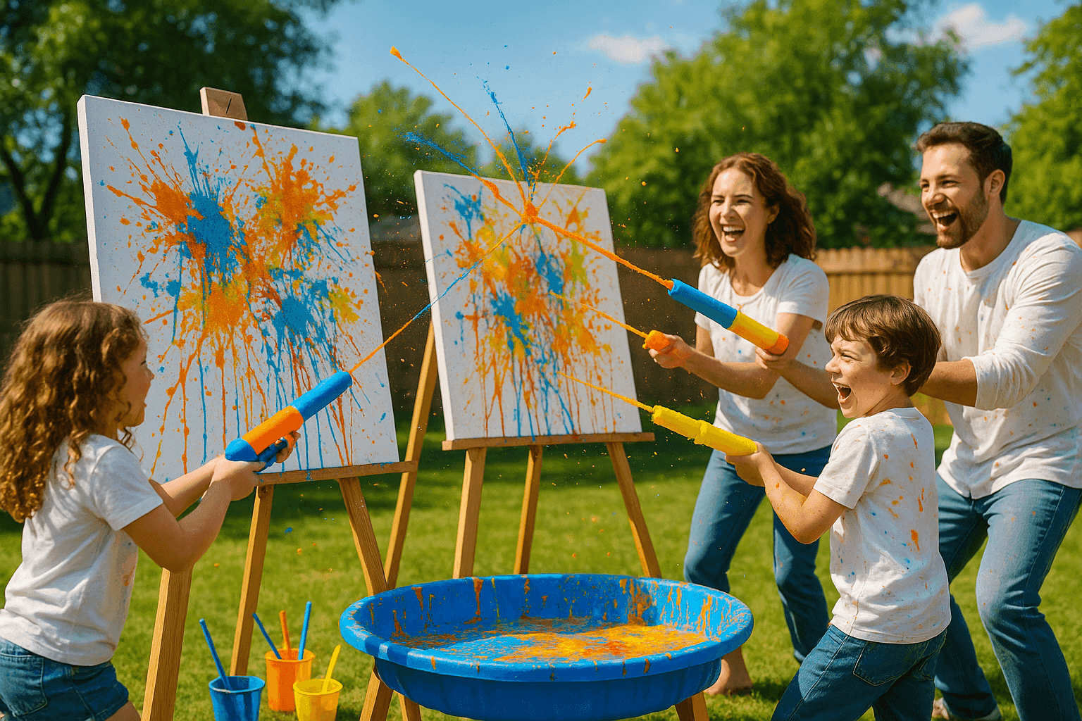 Kids creating colorful splatter art outdoors using squirt guns filled with paint, canvases mounted on easels in backyard setting