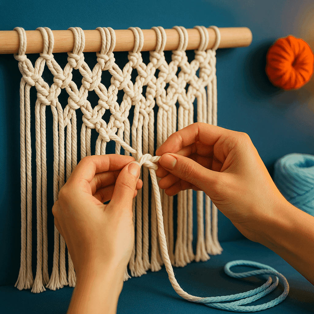 Beautiful handmade macramé wall hanging with intricate knot patterns in natural cotton cord creating boho décor in peaceful workspace