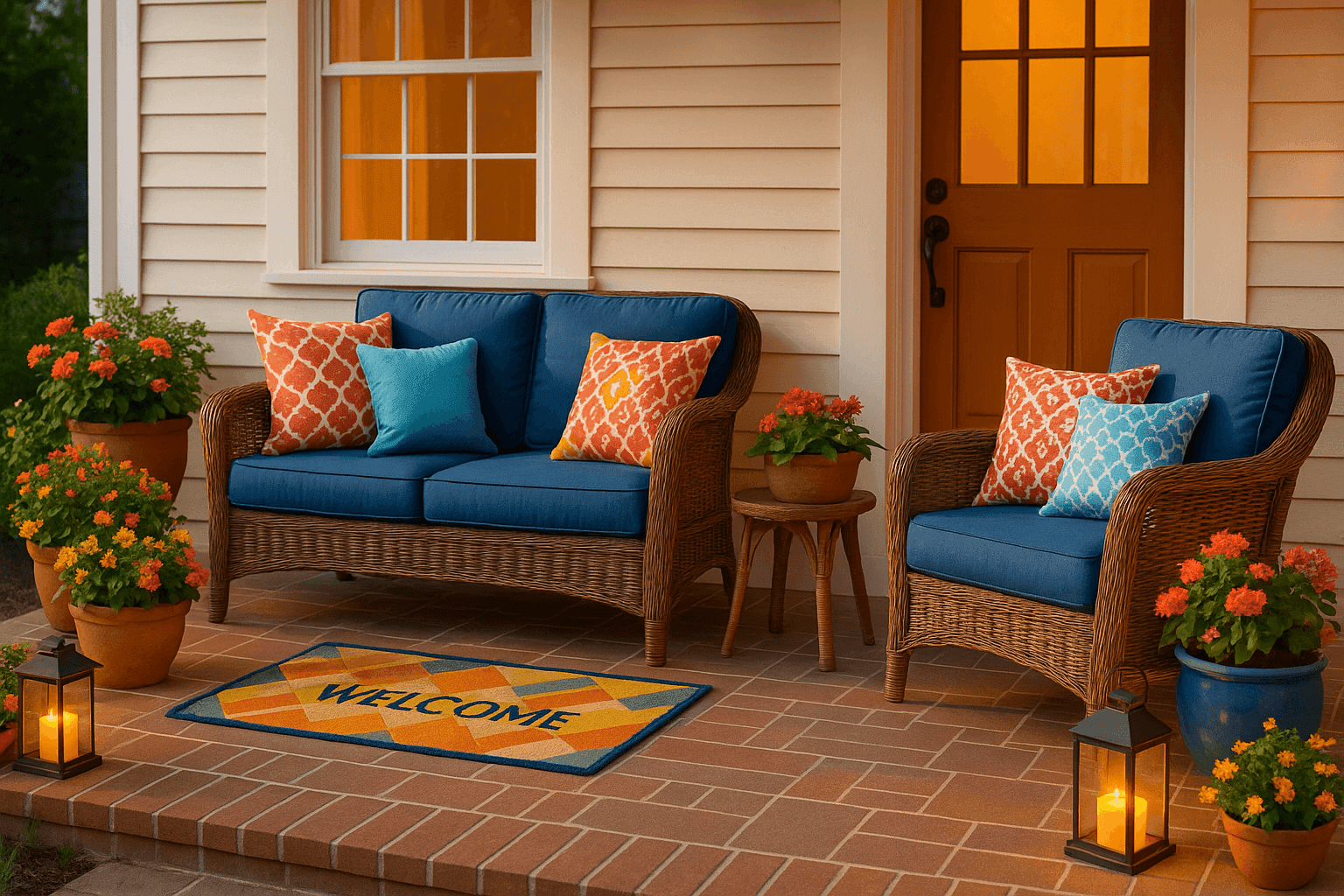 Inviting summer porch with colorful outdoor pillows on wicker furniture, vibrant welcome mat, lush potted plants, and glowing lanterns